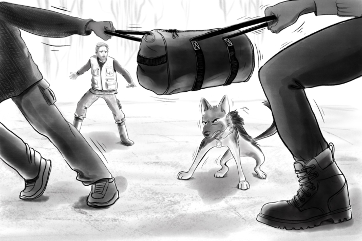 Black-and-white action illustration: an angry dog, Günter, stands his ground as two people tug a duffel bag over him, illustrated by Tina Rusznak